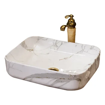 Скандинавский минималистичный мраморный керамический золотой узор над раковиной в ванной комнате, керамический квадратный умывальник для дома