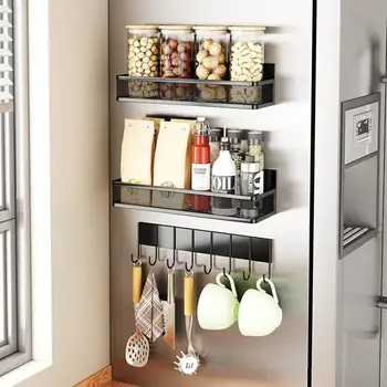 Магнитная подставка для специй для холодильника Кухонный стеллаж для хранения с крючком Держатель для бумажных полотенец Полка-органайзер для холодильника сбоку