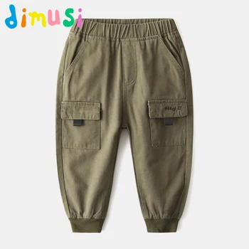 Хлопчатобумажные брюки DIMUSI для мальчиков, длинные весенние однотонные выстиранные трусики из 100% хлопка, брюки-карго, повседневные брюки для девочек, детские BC244