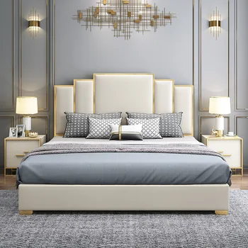 Мебель для спальни светлая роскошная кожаная кровать в гонконгском стиле простой американский матрас для хранения с высокой спинкой свадебная кровать