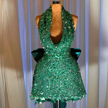 Зеленые коктейльные платья Shetah, расшитые бисером на бретелях без рукавов с бантом сзади, атласное вечернее платье для вечеринки, сексуальные халаты 2023 года выпуска