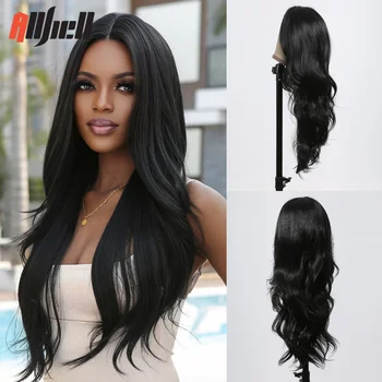Длинные черные кружева слоистых волос синтетические парики натуральные волнистые средняя часть косплей парик для женщин афро ежедневно теплостойкое волокно