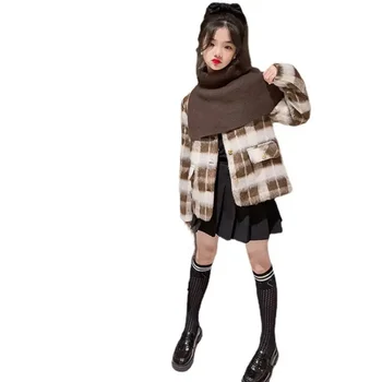Детская одежда для девочек Осень-зима, плотное теплое кашемировое шерстяное пальто, верхняя одежда в клетку с шалью, модная одежда от 4 до 14 лет