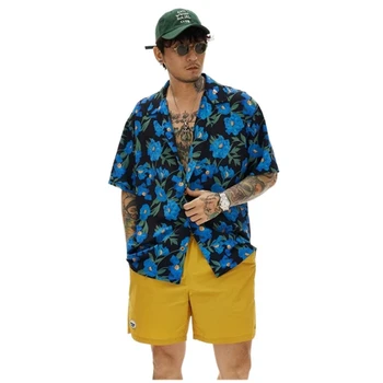 Летние мужские хлопковые рубашки с отложным воротником и коротким рукавом с синим принтом, модные повседневные гавайские рубашки больших размеров