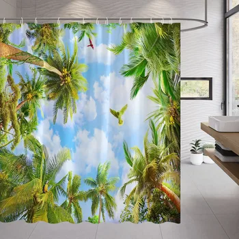 Набор штор для душа с пейзажем, Мрамор из зеленых пальмовых листьев, Домашний декор в стиле дзен, Занавески для ванной, Ширмы для ванны, Крючки, Летний Тропический Лес