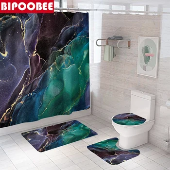 Искусство абстрактные роскошь трещина камень узор ванная комната шторы мрамора с душевой занавес крючки коврик для ванной туалет нескользящие коврики