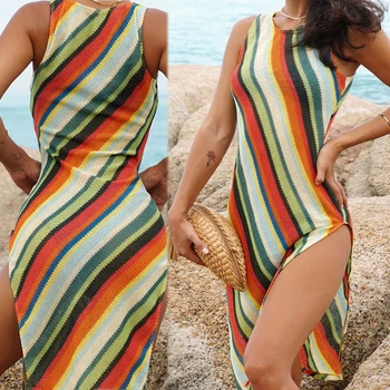 583F Женское Летнее трикотажное облегающее платье Миди без рукавов с длинным рукавом, сексуальный купальник, пляжный халат в цветную полоску в стиле бохо с высоким разрезом