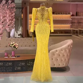Роскошные желтые вечерние платья с длинными рукавами, мусульманское платье знаменитости с высоким воротом и блестками, новейшая вечеринка из Дубайских бусин, изготовленная на заказ