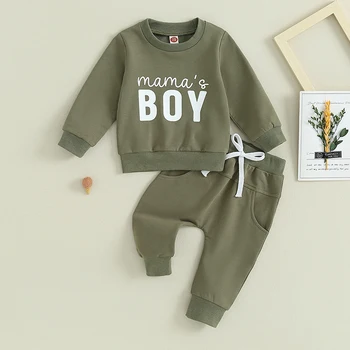 Одежда для маленьких мальчиков, толстовка с круглым вырезом и длинными рукавами с буквенным принтом для новорожденных, комплект штанов на завязках, костюмы для младенцев