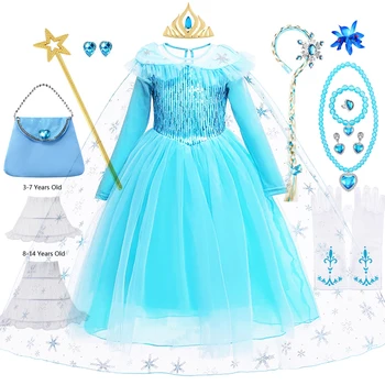 Платье Эльзы для детей, детская одежда для девочек, косплей костюм принцессы с длинными рукавами, накидка с блестками, подарки для девочек