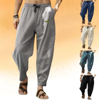 новые летние мужские большие размеры, свободные повседневные спортивные брюки, хлопковые льняные брюки-шаровары в стиле хип-хоп на завязках, мужские