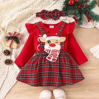 Рождественская одежда для новорожденных девочек, комбинезон с буквенным принтом, Клетчатые юбки с мультяшным оленем, головные уборы, Рождественские подарки, костюм