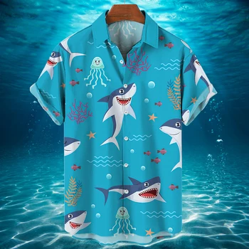 Гавайская рубашка, дизайнерская рубашка с глубоководной акулой, Модная пуговица на лацкане, высококачественная одежда, Повседневный праздничный мужской топ первого выбора