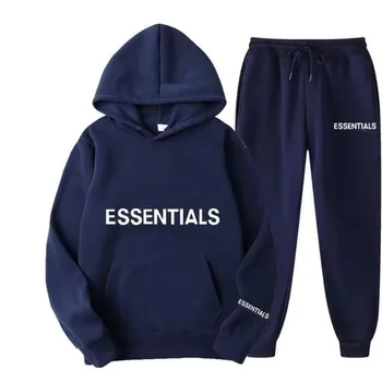 Мужской спортивный костюм Essentials, комплекты из 2 предметов, пуловер с капюшоном, толстовка + брюки на завязках, хлопковые спортивные толстовки, спортивная одежда для бега