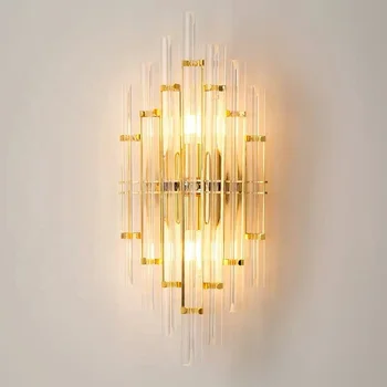 новый дизайн современный креативный фарфоровый хрустальный настенный светильник золотистого цвета для внутреннего освещения спальни