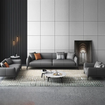 Итальянский минималистичный современный кожаный диван высокого класса, легкая роскошная небольшая квартира, гостиная с прямым рядом, бытовая техника