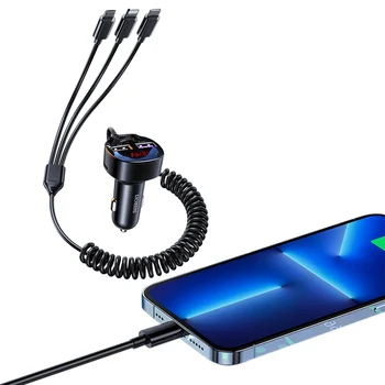 Автомобильное зарядное устройство Цифровой дисплей Двойное автомобильное зарядное устройство USB с кабелем 3 В 1 55 Вт сверхбыстрый кабель Type C для большинства телефонов и планшетов