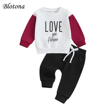 Blotona/ Комплект одежды из 2 предметов на День Святого Валентина для маленьких мальчиков и девочек, пуловер контрастного цвета с буквенным принтом и штаны на завязках