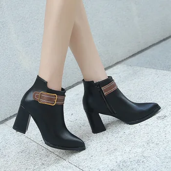 2021 Зимние ботинки Женская повседневная обувь на высоком каблуке с застежкой-молнией, Ботильоны для женщин, кожаные женские ботинки Bottes Femme, 569