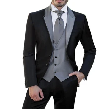 Черно-серый мужской костюм из 3 предметов, официальные смокинги для свадебной вечеринки, Пиджак Жениха, жилет и брюки