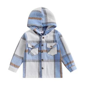 Куртка для мальчика, клетчатая куртка с капюшоном и длинным рукавом, верхняя одежда на пуговицах и карманах, осенняя одежда для девочки