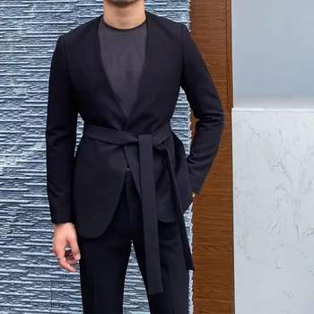 Летний Элегантный мужской костюм 2023 года, 2 предмета, высококачественная черная куртка с застежкой на пояс, повседневный костюм для путешествий, пальто (блейзер + брюки)