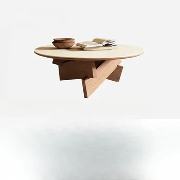 Круглый журнальный столик из массива дерева во французском ретро-стиле, каменная плита в пещерном стиле, простой журнальный столик в скандинавском стиле