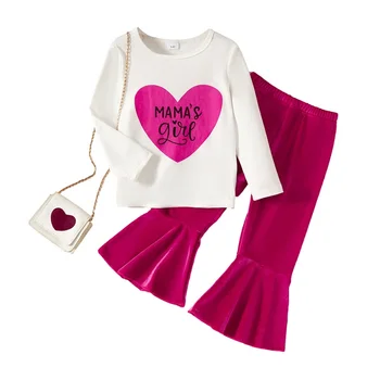 Комплект одежды из 2 предметов для маленьких девочек, футболка с длинными рукавами и буквенным принтом в виде сердца, расклешенные брюки