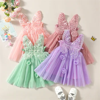2023-05-16 Lioraitiin 0-4Years Платье феи с крыльями бабочки для девочки, платье на первый день рождения, свадебное платье с цветами
