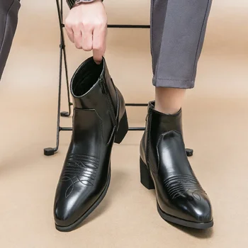 Черные Мужские Ботинки в стиле Вестерн, Ковбойские Коричневые Ботинки 