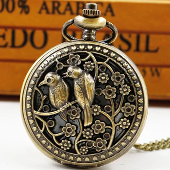 Старинные кварцевые карманные часы С откидной крышкой в виде Сороки, цветка и птицы, Часы с подвеской на цепочке из сплава relógio de bolso