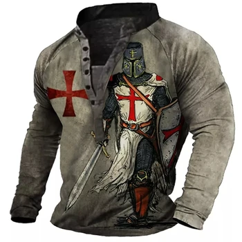 Новая мужская футболка с 3D-принтом Crusader, винтажная рубашка на пуговицах с длинным рукавом и V-образным вырезом, модная повседневная одежда в стиле харадзюку