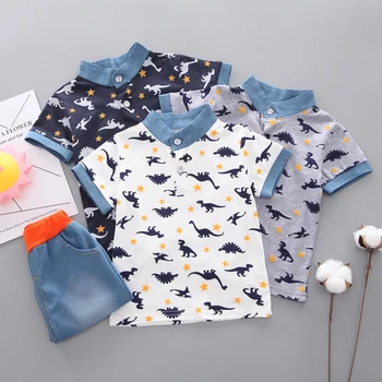 Летняя детская одежда из 2 предметов, рубашка с рисунком динозавра из мультфильма + джинсовые шорты для мальчиков, классический модный комплект, детский хлопковый дышащий костюм от 1 до 4 лет