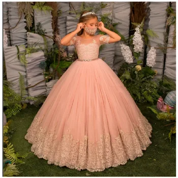 Кружевное платье с цветочным принтом для девочек с короткими рукавами, Элегантные платья принцессы для первого причастия, подарок на день рождения Мечты детей