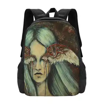 Дизайнерская сумка с ослепленным рисунком, студенческий рюкзак, акриловые крылья ангела, стимпанк, механический женский портрет, темный цвет