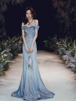 Летнее женское Французское звездное вечернее платье без бретелек с открытыми плечами, вечерние платья с повязкой на спине, бальное платье Dream Blue Mermaid Body-Con