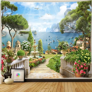 Европейский Пейзажный Гобелен С естественным видом на море, Водопад, Эстетика Богемного домашнего декора в стиле хиппи, Пейзажный гобелен, висящий на стене