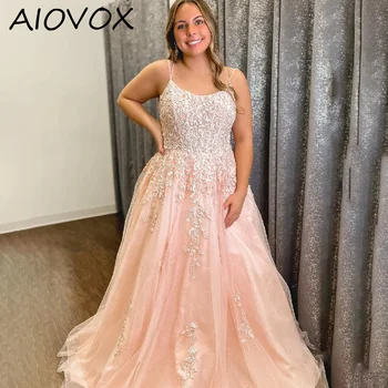 Платья для выпускного вечера AIOVOX трапециевидной формы, большие размеры, Сшитое на заказ платье с круглым вырезом и бретельками-спагетти, Аппликации, вышивка, Праздничное платье на шнуровке.