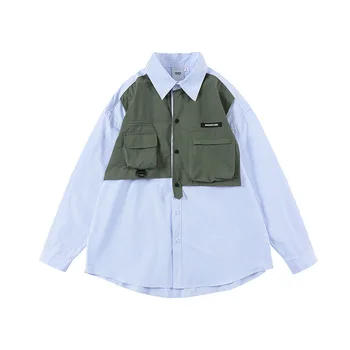 Японская рубашка cityboy с карманами, поддельная рубашка из двух частей, весенняя рубашка в полоску с длинными рукавами, красивый дизайн для мужчин и женщин