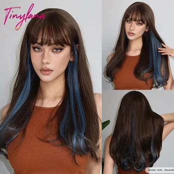 Длинные Волнистые синтетические парики с челкой для косплея, коричневый, смешанный с синим, парик из натуральных волнистых волос для женщин, афро Вечеринка, Термостойкий
