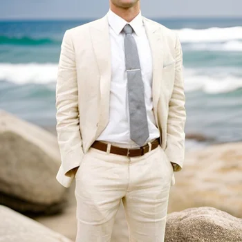 Льняные свадебные мужские костюмы Slim Fit, свадебный смокинг с отворотом, 2024, сшитый специально для жениха, пляж, 2 предмета, повседневная мода