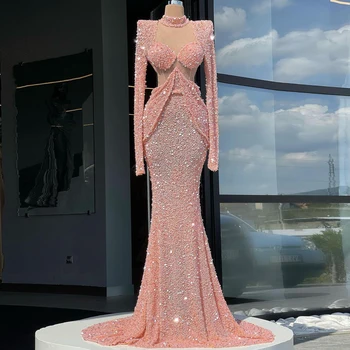 Новые модные розовые сверкающие вечерние платья с длинным рукавом и пайетками Русалка больших размеров для женщин для выпускного вечера Элегантные платья на заказ