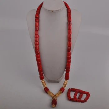 100 см Красное Коралловое Ожерелье Набор Ювелирных Изделий для Мужчин Нигерийский Свадебный Жених Коралловый Набор