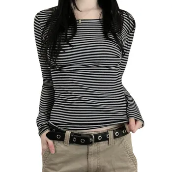 Женские винтажные футболки, Топы в полоску, Весенне-осенняя одежда y2k 2000-х, тонкие топы с длинными рукавами, Женская одежда, уличная одежда