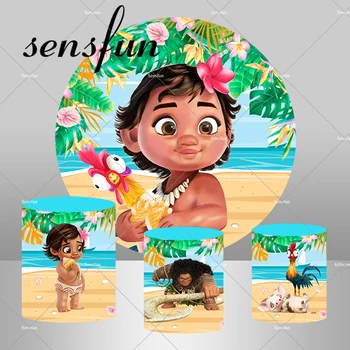 Малышка Моана Принцесса Вайалики, Цветочный пляж Мауи, Круглый фон для детей, фоны для вечеринки с Днем Рождения, крышки цилиндров
