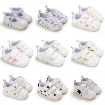 Модная белая детская обувь для новорожденных малышей на хлопчатобумажной подошве, повседневная спортивная обувь для младенцев и детей.