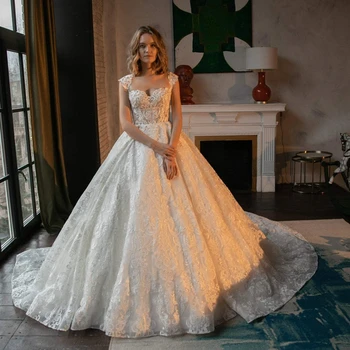 Новое свадебное платье с круглым вырезом белого цвета/слоновая кость 2023, роскошные аппликации из бисера, блестящее свадебное платье со шлейфом