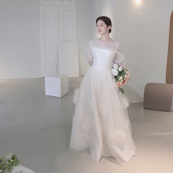 Выпускные вечерние платья ROSELLA трапециевидной формы с круглым вырезом, Корейское свадебное платье в складку, пышные рукава, 3D цветы, длина до пола, иллюзия застежки-молнии