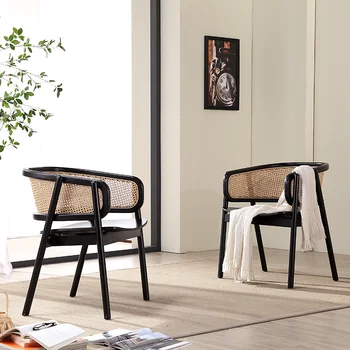 Обеденные стулья из скандинавского ротанга, стулья со спинкой из массива дерева, кресло для отдыха в семьях, отелях, плетеное кресло из ротанга в стиле ретро ins