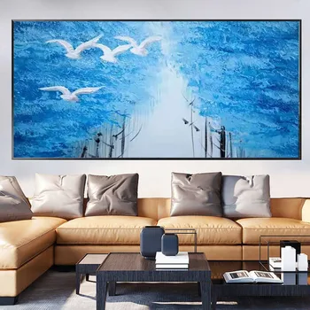 Легкая роскошная панельная фреска, 100% ручная роспись абстрактными синими картинами маслом, современное изображение на холсте, настенное искусство для домашнего декора гостиной
